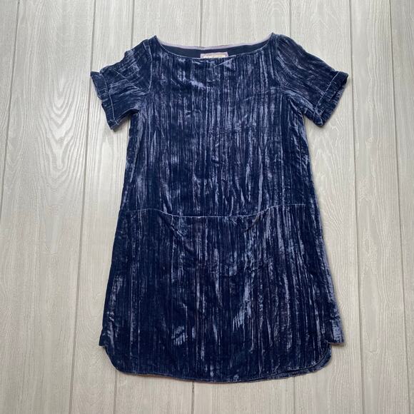 Floreat Anthropologie Women's Crinkled Velvet Blue Mini Shift Dress XXS PETITE - Picture 2 of 11